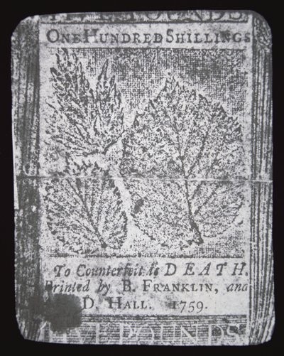 Banknot o wartości 100 szylingów zaprojektowany i wydrukowany przez Benjamina Franklina w 1759 roku (lito) autorstwa School American