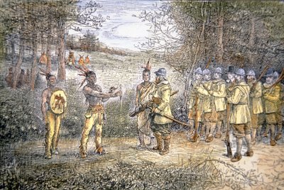 Kapitan Miles Standish handluje z Indianami Wampanoag w 1621 roku (kolor lito) autorstwa School American