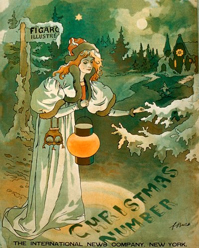 Świąteczny plakat z kobietą trzymającą latarnię przed pokrytym śniegiem domkiem (litografia) autorstwa School American
