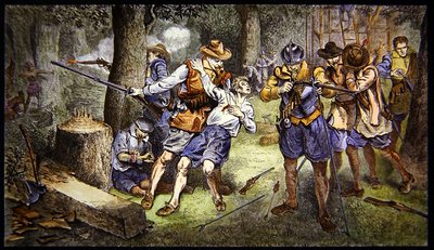 Obrona osady niemowląt przed atakiem Indian w kolonii Jamestown w Wirginii w 1607 r. (kolor lito) autorstwa School American