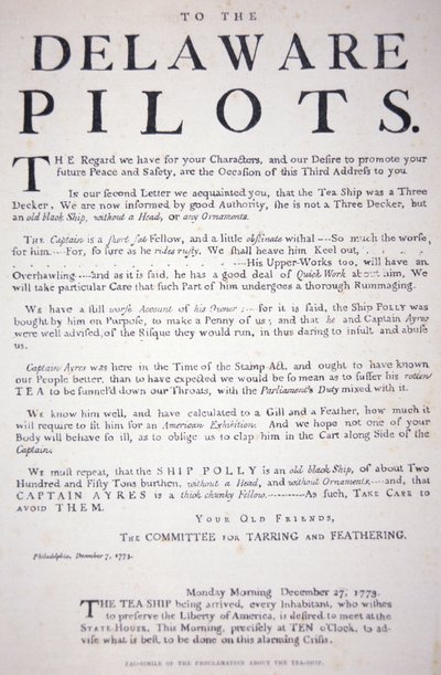 Faksymile proklamacji od patriotów z Filadelfii do pilotów z Delaware, ostrzegającej ich, by nie zajmowali się brytyjskim sklepem z herbatą, 7 grudnia 1773 r. (lito) autorstwa School American