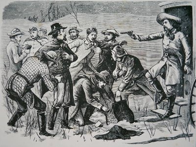 Czterech bandytów obezwładnia i plądruje dwóch oficerów i siedmiu żołnierzy w pobliżu Bismarck na terytorium Dakoty, z „New York Illustrated Times” autorstwa School American