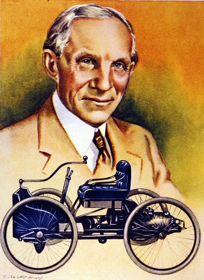 Henry Ford i jego pierwszy samochód z 1896 roku (kolor lito) autorstwa School American