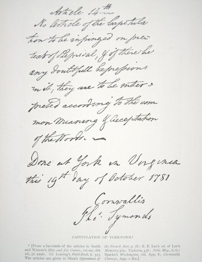 List kapitulacji Yorktown, podpisany przez Lorda Cornwallisa autorstwa School American
