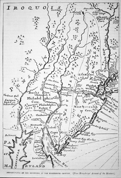Mapa Pensylwanii na początku XVIII wieku z „Konta misji” Humphreya (lito) autorstwa School American