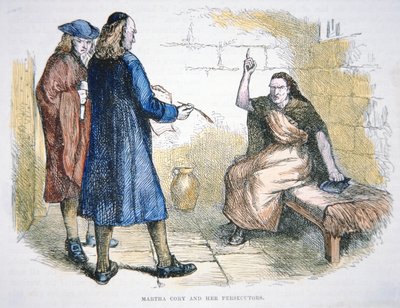 Martha Corey jest oskarżona o czary podczas procesów czarownic w Salem w 1692 roku (kolor lito) autorstwa School American