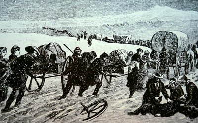 Pociąg mormonów w śnieżycy zmierzający do Salt Lake City w stanie Utah (rycina) autorstwa School American