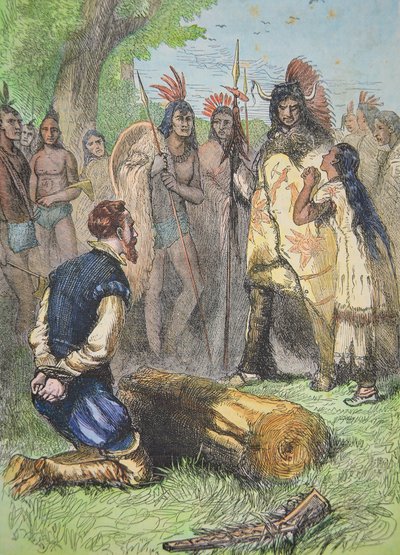 Pocahontas ratuje życie Johna Smitha (kolorowy grawer) autorstwa School American