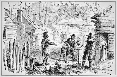 Samoset, wódz Pemaquidów odwiedza Ojców Pielgrzymów w 1621 r. (lito) autorstwa School American