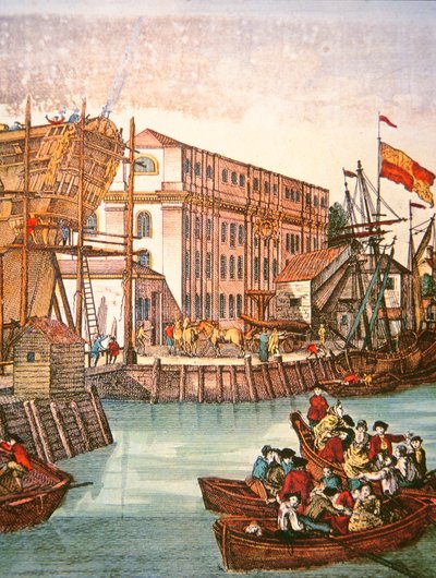 Widok na port w Nowym Jorku w połowie XVIII wieku (kolor lito) autorstwa School American