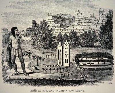 Zuni Tribesman dmuchający pyłkiem nad kapliczką Pueblo (rycina) autorstwa School American