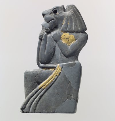 Fragment tablicy: klęcząca postać z głową lwa, ok. XVIII w. p.n.e. (Kość słoniowa (hipopotam), złota folia) autorstwa School Anatolian