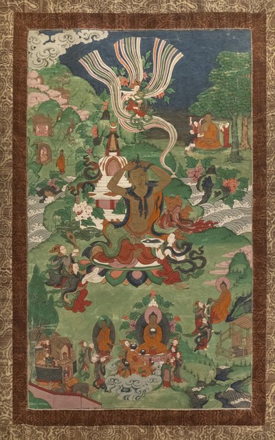 Fryzura i inne sceny. Thangka z sequela poświęconego głównym epizodom z życia Buddy. autorstwa School Asian