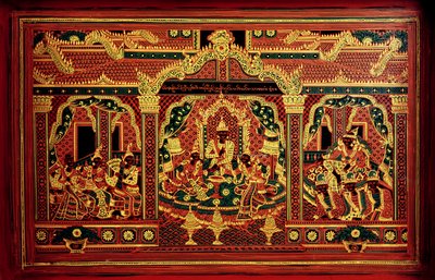 Fragment skrzyni rękopisu z Myanmaru (lakierowane drewno) autorstwa School Burmese