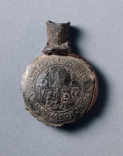 Ampułka Pielgrzyma ze scenami Ukrzyżowania (przód) i Wniebowstąpienie (tył), ok. 600 (stop cynowo-ołowiowy z fragmentami skóry) autorstwa School Byzantine