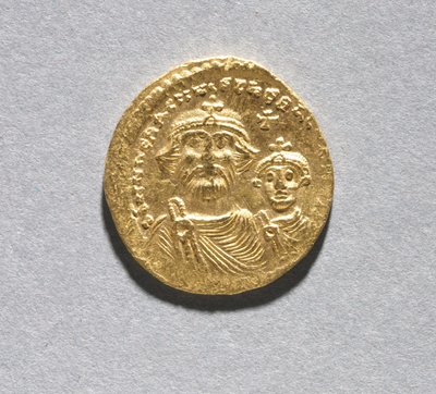 Solidus z Herakliuszem i jego synem Herakliuszem Konstantynem (awers), ok. 616-625 (złoto) (patrz CVL 499741 na rewersie) autorstwa School Byzantine