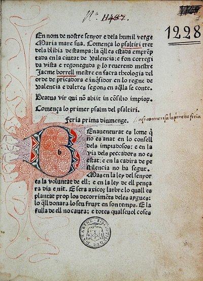 Inc 1228 Psałterz Bonifacego Ferrera, poprawiony przez Jaime Borrella, wydrukowany przez Nicolausa Spindelera w Barcelonie w 1480 (druk i tusz na papierze) autorstwa School Catalan