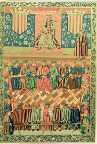 Król Jakub I Zdobywca przewodniczący Cortes of Lleida w marcu 1242, z rękopisu „Constitucions de Catalunya” autorstwa School Catalan