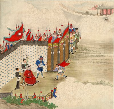 Sztuka chińska: chiński książę odbierający posłańca Tempera na jedwabiu ze szkoły chińskiej około 1820 r. Wymiary 24,6 x 23,7 cm Kolekcja prywatna autorstwa School Chinese