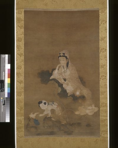 Awalokiteśwara (Guanyin) On Lotus (atrament i kolor na jedwabiu) autorstwa School Chinese