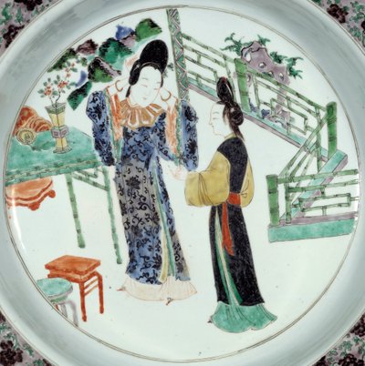 Sztuka chińska: „Dwie kobiety w eleganckim stylu” Talerz ceramiczny z XVIII wieku. Paryż, Muzeum Guimet, Narodowe Muzeum Sztuki Azjatyckiej autorstwa School Chinese