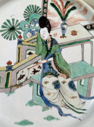 Sztuka chińska: pani odwraca się na ławce. Malowanie na porcelanie z XVIII wieku. Paryż, Muzeum Guimet, Narodowe Muzeum Sztuki Azjatyckiej autorstwa School Chinese