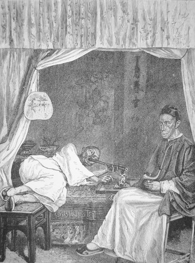 Chińscy palacze opium, grawerowanie z 1875 roku (lito) autorstwa School Chinese