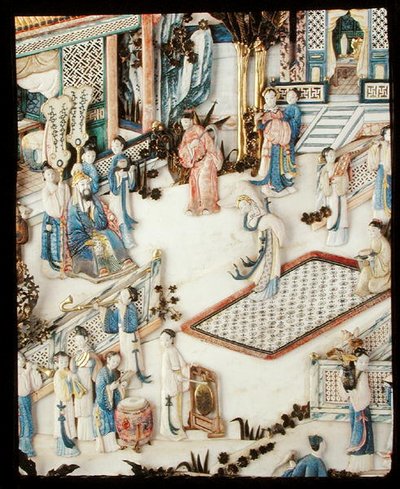 Fragment panelu przedstawiający dygnitarza obserwującego tancerkę, okres Qianlong autorstwa School Chinese