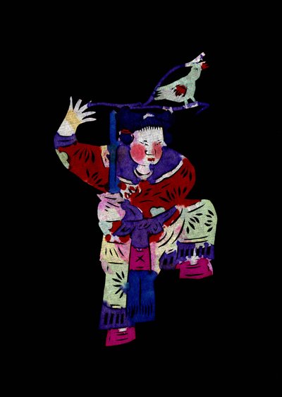 Postać kobieca trzymająca miecz z ptakiem. Wycinanka z papieru malowanego lub "Jian Zhi", chińska sztuka ludowa, Pekin. autorstwa School Chinese