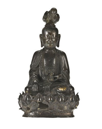 Figura Guanyin, chińskiej bogini miłosierdzia, siedzącej na bazie z motywem lotosu, z krukiem na głowie i królikiem spoczywającym w lewej ręce autorstwa School Chinese
