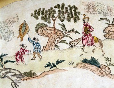 Szlachetna kobieta na koniu i dzieci bawiące się latawcem - grafika chińska, ok. 1800 autorstwa School Chinese
