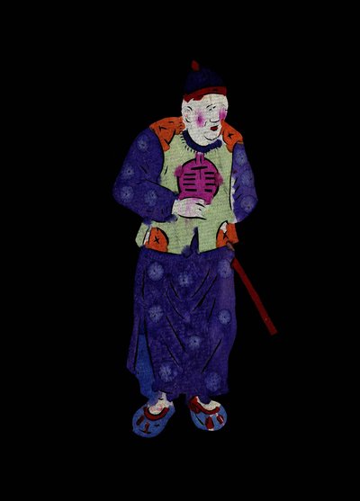 Stary mężczyzna w tradycyjnym ubraniu. Wycinanka z malowanego papieru lub "Jian Zhi", chińska sztuka ludowa, Pekin. autorstwa School Chinese