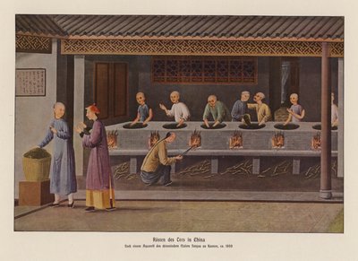 Prażenie herbaty w Chinach (kolorowa litografia) autorstwa School Chinese