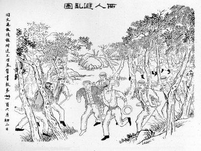 Boxer Rebellion: Europejczycy walczący z bokserami. Ilustracja opublikowana w Shanghai Journal Toung-Ouen-Hou-Pao.1899 ok. autorstwa School Chinese