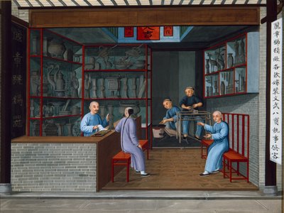 Sprzedaż narzędzi metalowych, ok. 1825 (gwasz na papierze) autorstwa School Chinese
