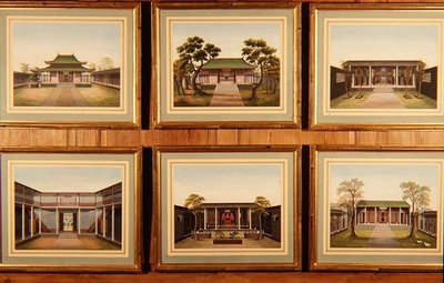 Zestaw sześciu chińskich pawilonów i scen na dziedzińcu, ok. 1780 (akwarela) autorstwa School Chinese