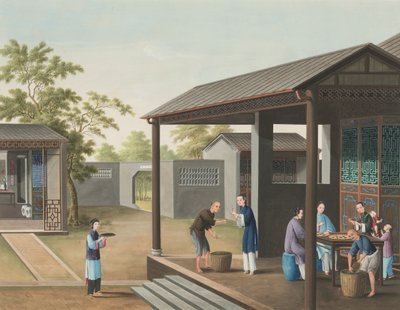 Produkcja herbaty, ok. 1820 (akwarela i złota farba na jedwabiu położonym na papierze) autorstwa School Chinese