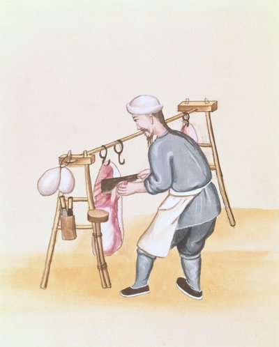 Sprzedawca mięsa, z książki o ulicznych rozmowach w Pekinie, ok. 1785 (akwarela i gwasz na papierze) autorstwa School Chinese