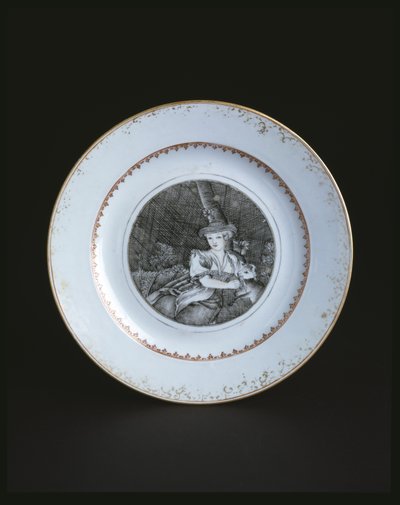 Biały talerz obramowany złotem i czerwienią z kobietą (porcelana) autorstwa School Chinese
