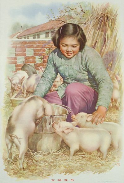 Kobieta-hodowca świń (lub osoba zajmująca się hodowlą świń), plakat propagandowy z czasów chińskiej rewolucji kulturalnej (kolorowa litografia) autorstwa School Chinese