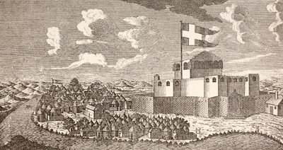 Duński fort kolonialny Fredensborg, Ningo, Ghana, tak jak wyglądał w 1760 r., z książki "Afrika, dets Opdagelse, Erobring og Kolonisation", opublikowanej w 1901 r. w Kopenhadze (litografia). autorstwa School Danish