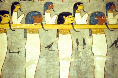 Starożytny Egipt, Malarstwo, Bogowie podziemia przywiązani do Hathor, boska krowa, holująca barkę słoneczną, Grobowiec Ramzesa I, Teby autorstwa School Egyptian