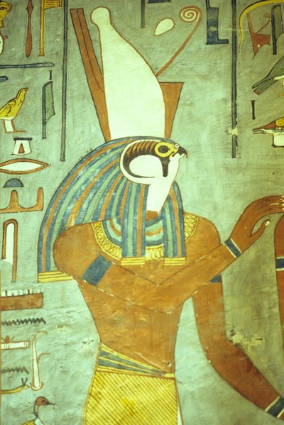 Starożytny Egipt, malarstwo, Horus, bóg z głową sokoła, bóg królów, grobowiec Ramzesa I, Teby autorstwa School Egyptian