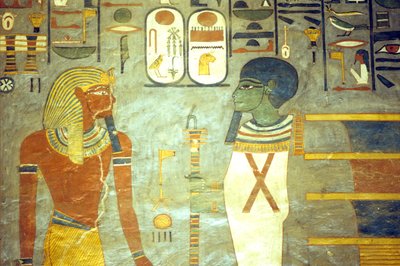 Starożytny Egipt, Malowidło, Ramzes I przed Ptahem, za którym znajduje się filar djed, Grobowiec Ramzesa I, Teby autorstwa School Egyptian