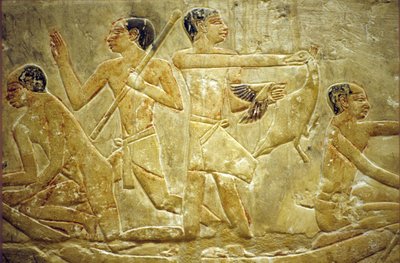 Starożytny Egipt, Rzeźba/malarstwo ścienne, Mastaba/Grobowiec Idout, Sakkara/Saqqara, Łapanie ptaków na bagnach, 6. dynastia (zdjęcie) autorstwa School Egyptian