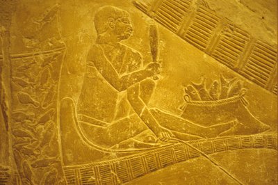 Starożytny Egipt, rzeźba/malarstwo ścienne, Mastaba/Grobowiec Idout, Sakkara, rybacy siedzą na łodziach i łowią ryby, VI dynastia (zdjęcie) autorstwa School Egyptian