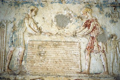 Starożytny Egipt, Rzeźba ścienna, Grobowiec Petosiris, Tuna el Gebel, 300 p.n.e., Zbiór lnu (zdjęcie) autorstwa School Egyptian