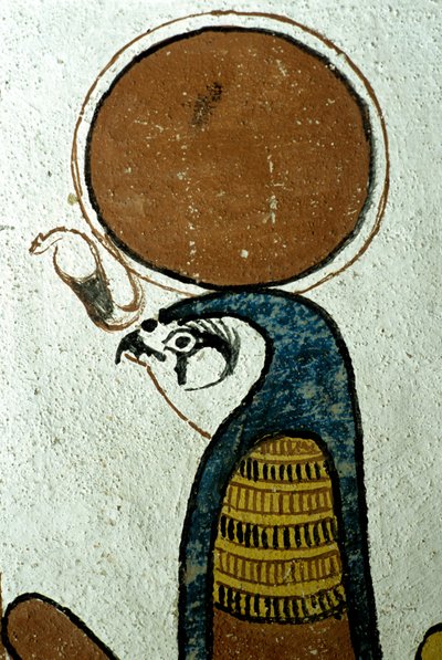 Starożytny Egipt, malowidło ścienne, Horus, bóg słońca, symbol słońca, grobowiec Sennedżema, Teby, Deir el Medina autorstwa School Egyptian