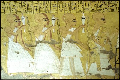Muinainen Egypti, Seinämaalaus Inherkhaun hauta, Thebes, Aatelisten hauta, 20. dynastia, Papit kaatamassa juomaruoan Inherkhaun (valokuva)kiillotus autorstwa School Egyptian