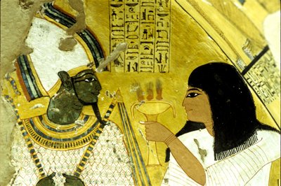 Starożytny Egipt, malowidło ścienne Grobowiec Inherkhau, Teby, Grobowiec Szlachty, XX dynastia, Inherkhau składający ofiary Ozyrysowi (zdjęcie) autorstwa School Egyptian